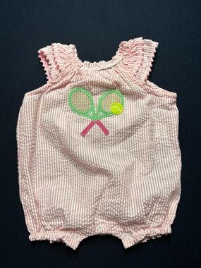 Mudpie Pink Tennis Seersucker Baby Romper - 3-6M